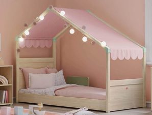 Παιδικό κρεβάτι με τέντα ροζ MN-1301-1007