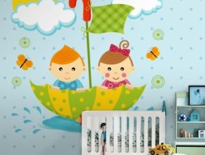 Παιδάκια μέσα σε ομπρέλα Παιδικά Ταπετσαρίες Τοίχου 100 x 100 εκ.