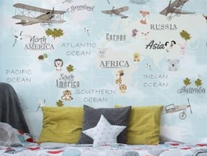 Παγκόσμιος χάρτης με ζωάκια και αεροπλάνα, Παιδικά, Ταπετσαρίες Τοίχου, 100 x 100 εκ.